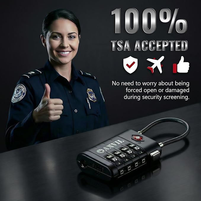ANVIL TSA Approved Luggage Locks with Search Alert Indicator, 4-Digit Combination Suitcase Lock, Advanced TSA008 Core Heavy Duty Anti-Theft Travel Lock for Double Zippers, Backpacks