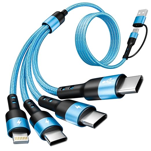 Travel Essentials, 4 in 2 Multi Charging Cable 3 USB C Chargers for iPhone 17, Multi Charger Cord with 3 Type C/IP, Compatible for iPhone 17 to 11, Android, Galaxy, iPad, Data Sync, 5 FT