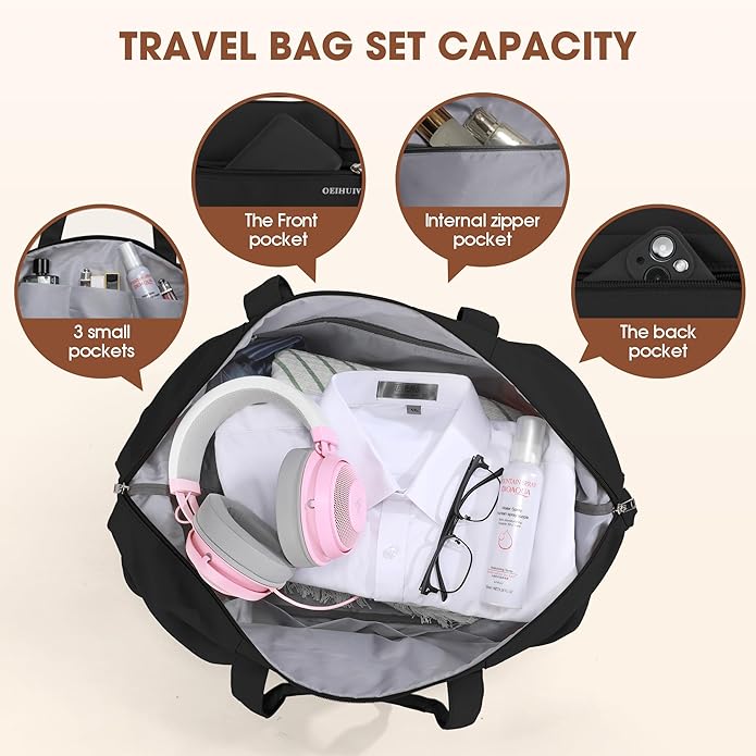 Women's Weekender bag Travel Duffel Bag with Shoe Compartment 21-inch Airline-Approved Carry-On, 2-Piece Overnight Bag Set Personal Item Luggage