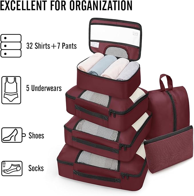 Veken 8 Set Packing Cubes for Travel Essentials,Anti-Wrinkle Buckled Suitcase Organizer for Shoe & Toiletry Bag,Carry On Luggage Bag for Airplane & College Dorm Room Accessories,Women Men Gifts,Wine