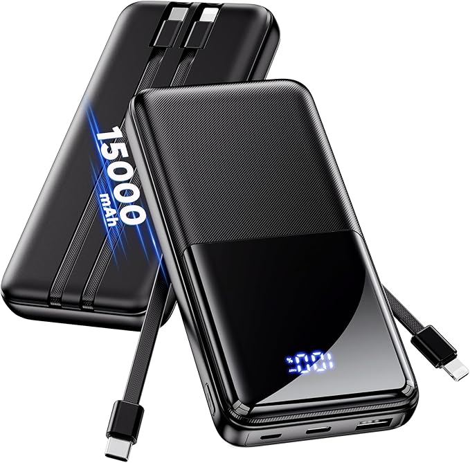 Portable Charger Power Bank - Slim 15000mAh 50% Larger Capacity Battery Pack, USB C 22.5W Fast Charging Powerbank with Built-in Cable, Travel Essential Phone Charger for iPhone Samsung Google Android