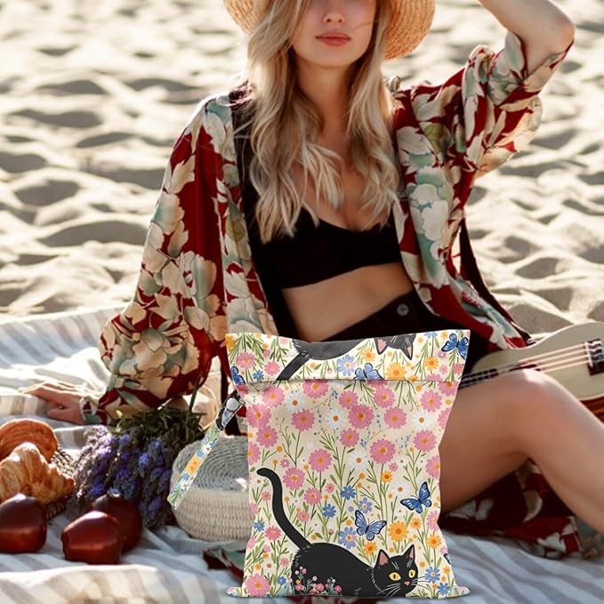 Black Cat Floral Wet Dry Bags Reusable Waterproof Wet Bags Swimsuit Bag Diaper Pouch for Swimsuits Diapers Towels Beach Cat Gifts for Women Friend Travelers 10 x 13 Inches