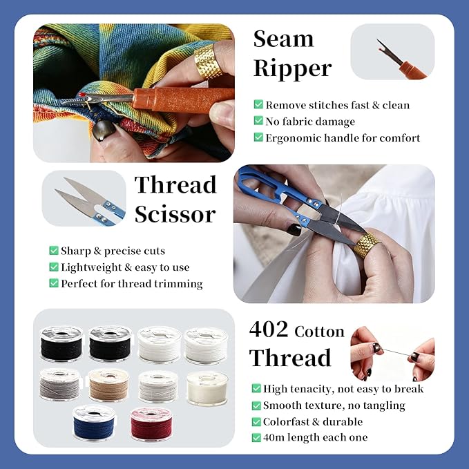 SkySewing 98PCS Large Eye Hand Sewing Needles Kit with Metal Box, Mini Sewing Kit with Threaders, Thimbles, Seam Ripper, Portable Sewing Repair Kit for Adults Beginner Travel Clothing Repair Home Use