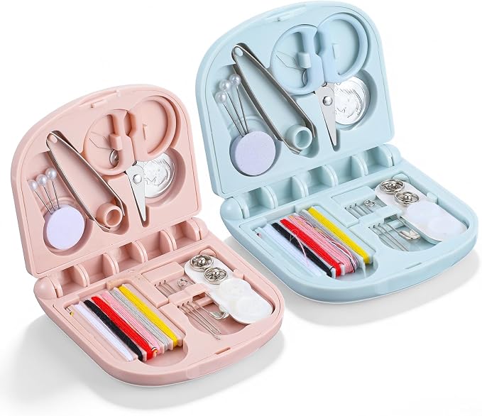 Matwsec 2 Pack Mini Sewing Kit, Portable Emergency Sewing Repair Kit for Travel, PP & Stainless Steel Compact Sewing Supplies with Threads Needles Scissors Threader Pink & Blue, 2.76×2.60in