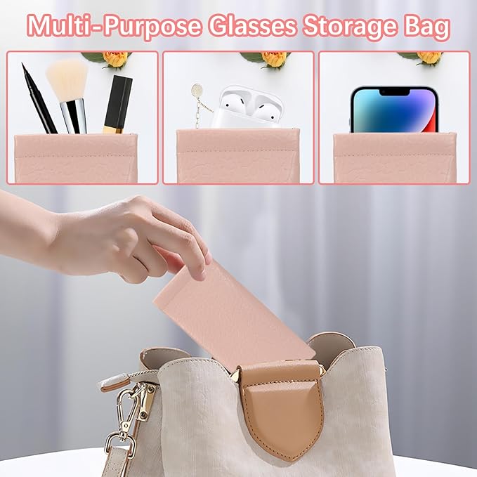 Squeeze Top Sunglass Pouch - Portable Sunglass Organizer Pouch Bags Soft PU Leather Glasses 2 Pack