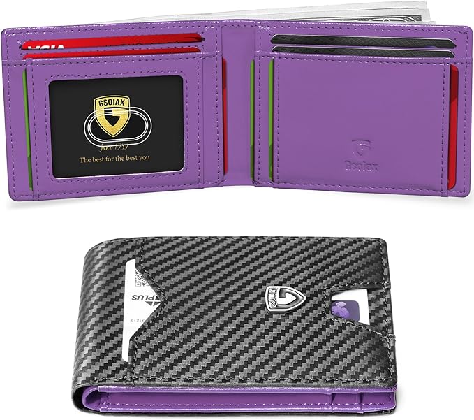 GSOIAX Slim Wallet for Men Rfid Blocking Leather Bifold Front Pocket Carbon Fiber Men's Money Clips Credit Card Holder With Gift Box