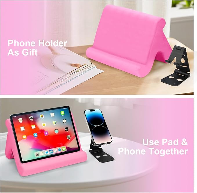 Universal Multi-Angle Tablet Stand Holder-Soft Pad Stand with black phone holder for Lap,Knee,Sofa and Bed,Compatible with iPad Pro 9.7,10.5,12.9 Air Mini 4 3,Kindle,Galaxy Tab,E-Reader (Pink)
