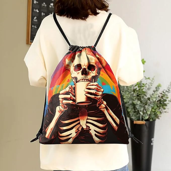 Drawstring Backpack Draw String Sports Bags for Gym Travel Beach Waterproof Cute Sackpack Men Women Aesthetic (13"×17")-Rainbow Skull