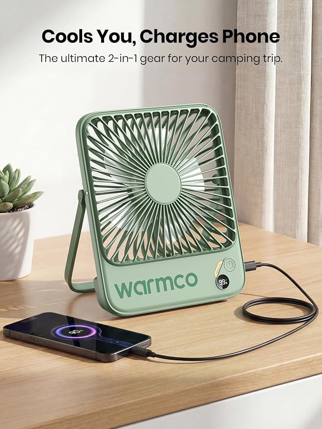 Warmco 10000mAh Portable Travel Fan 7-inch, Up to 24H Runtime, Ultra-thin Quiet Rechargeable Battery Operated Desk Fan with Digital Display for Camping, Office, Bedroom, Cruise Essentials