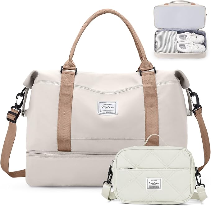 Weekender Bags for Women,Personal Item Travel Bag with Shoes Compartment,Overnight Travel Duffel Bag with Quilted Toiletry Bag,Beige&Brown
