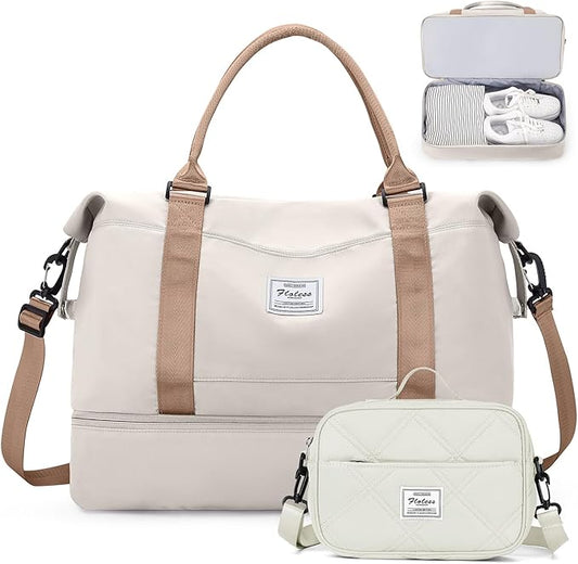 Weekender Bags for Women,Personal Item Travel Bag with Shoes Compartment,Overnight Travel Duffel Bag with Quilted Toiletry Bag,Beige&Brown
