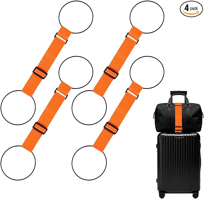 Luggage Connector Straps, Adjustable Elastic Durable Straps for Connecting Luggage Bags to Suitcases, Hands-Free Travel Essential (4PCS Orange)