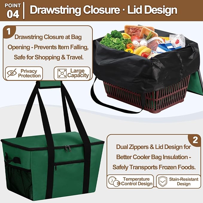 Reusable Grocery Bag – Expandable Insulated Cooler Bag with Bottom Board, Collapsible Insulated Shopping Bag with Zipper & Drawstring, Heavy Duty Tote Bag for Shopping, Delivery, Picnic, Beach