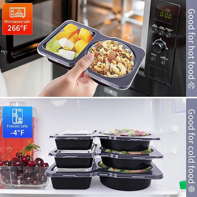 20 Pack Reusable Snack Containers with Lids - Double Compartment Condiment Snack Pack Containers with 20 Forks, Microwave Safe Portion Control Containers for Meal Prep, Take-out, Party & Travel(Black)