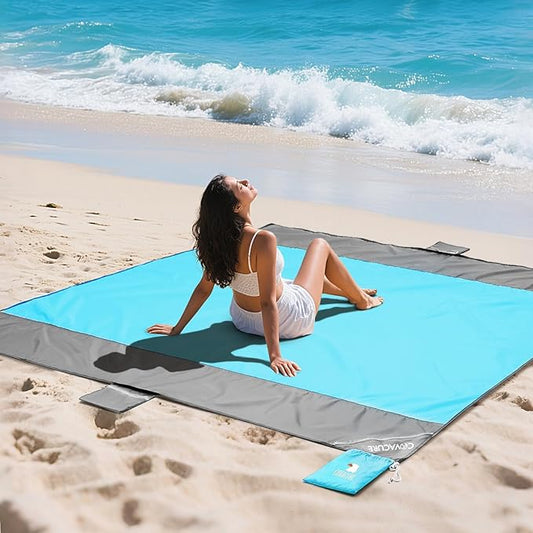 covacure Beach Blanket Waterproof Sandproof 79”X 83"- Large Beach Blanket Sandproof Fits for 4 Adults, Waterproof Beach Mat with 3 Zipper Pocket, Outdoor Beach Mat for Travel, Camping, Hiking