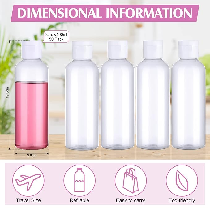 50 Pcs 3.4 oz Travel Bottles for Toiletries TSA Approved Leakproof Plastic Empty 100 ml Travel Size Bottles Bulk Refillable Squeeze Clear Container for Cosmetic Shampoo Liquids(Clear, White)