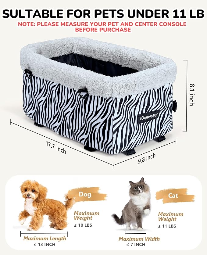 Center Console Dog Car Seat, Puppy Carseat for Small Dogs, Cat Car Seat with Metal Frame and Double Protection Seat Belts, Pet Booster Seat with Washable Cushion and Clip-on Leash Cute Zebra Print