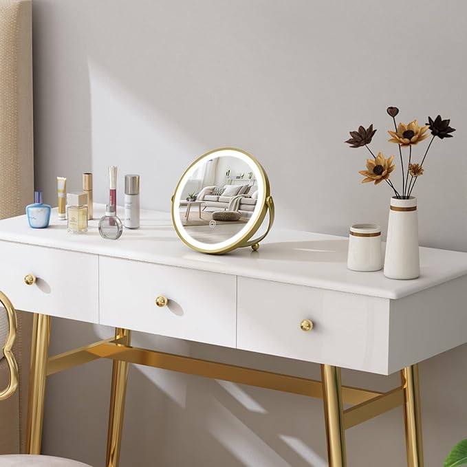 Vanity Mirror with Lights, 8" LED Makeup Mirror Built-in 1500mAH Lithium Battery, HD Professional Mirror, Smart Touch with 3-Color Lighting, Dimmable, Lighted Up for Makeup Desk, Travel (Gold)