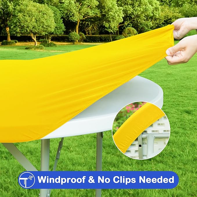 Wolkemer 2 Pack 5 Foot Yellow Fitted Tablecloth 60 Inch Round Elastic Edges Table Cloth, Spandex Stretch Table Cover with Machine Washable Fabric for Wedding Party Picnic Dining Indoor Outdoor