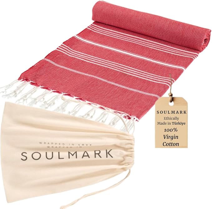 SOULMARK 100% Cotton Turkish Beach Towel with Bag - 38"x71" - Made in Green & Oeko TEX Certified - Pre-Washed and Sand Free - Quick Dry and Lightweight Perfect for Travel - Made in Turkey - Red