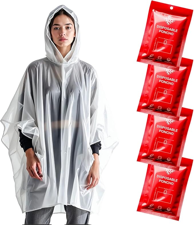 ZENO Disposable Rain Ponchos for Adults - Clear with Hood, Compact Emergency Ponchos for Hiking, Camping, Travel