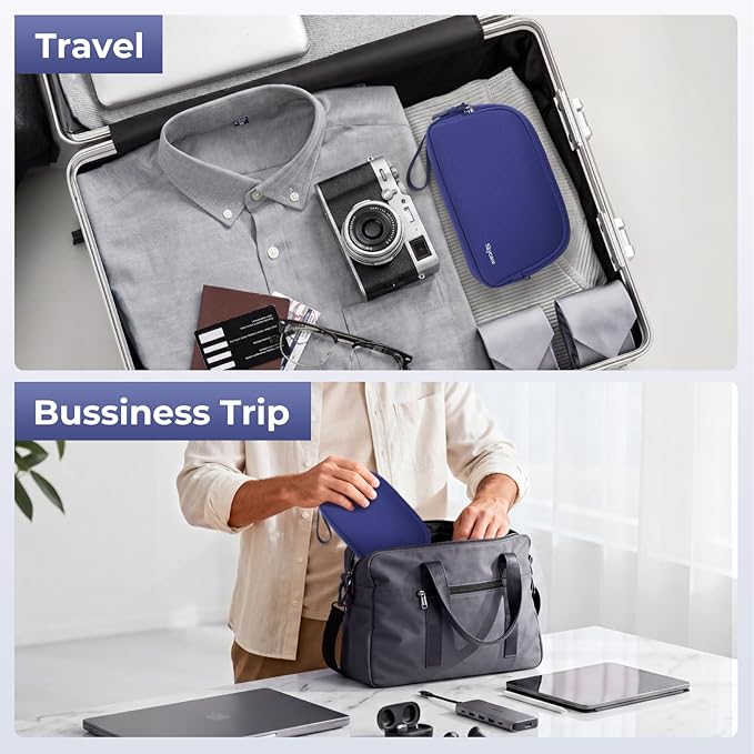 Skycase Travel Cable Organizer - Lightweight Water Resistant Dual-Layer Tech Pouch with Wrist Strap 9 Compartments Electronic Organizer Travel Case for Charger Cord Hard Drive,Small,Blue