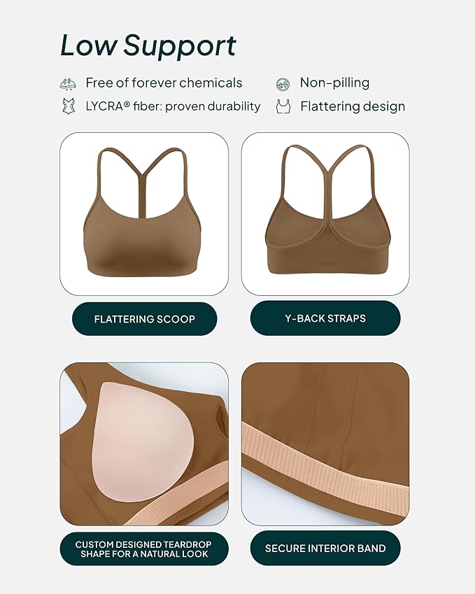 PAVOI ACTIVE Yoga Racerback Bras for Women - Buttery Soft Low Support Scoop Neck Y-Back Thin Strap Sports Bra - FlexFlow