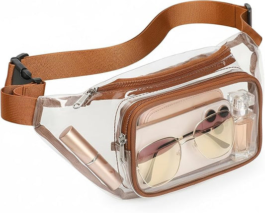 Veckle Clear Fanny Pack Stadium Approved - Adjustable 33-47 Inch Strap, Transparent Belt Bag for Women Men Fits 7.5-inch Smartphone, Waist Bag Clear Bag for Stadium Events, Sport, Concerts, Brown