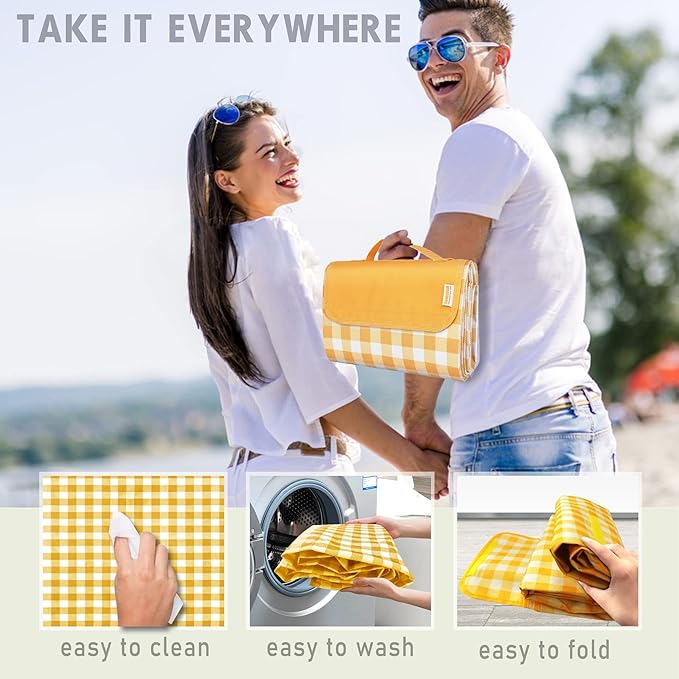 SAMSIER Outdoor Picnic Blankets Waterproof Foldable Sandproof, Extra Large Gingham Cute Picnic Mat Washable Portable for Park Beach Camping Courtyard (Yellow, 80"×80")