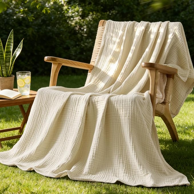 BEDELITE 100% Cotton Muslin Blankets for Adults - 4-Layer Twin Size Breathable and Lightweight Gauze Blanket for Couch, Bed, Travel and Summer, Soft & Cozy Gift for Women, Beige, 60"x80"