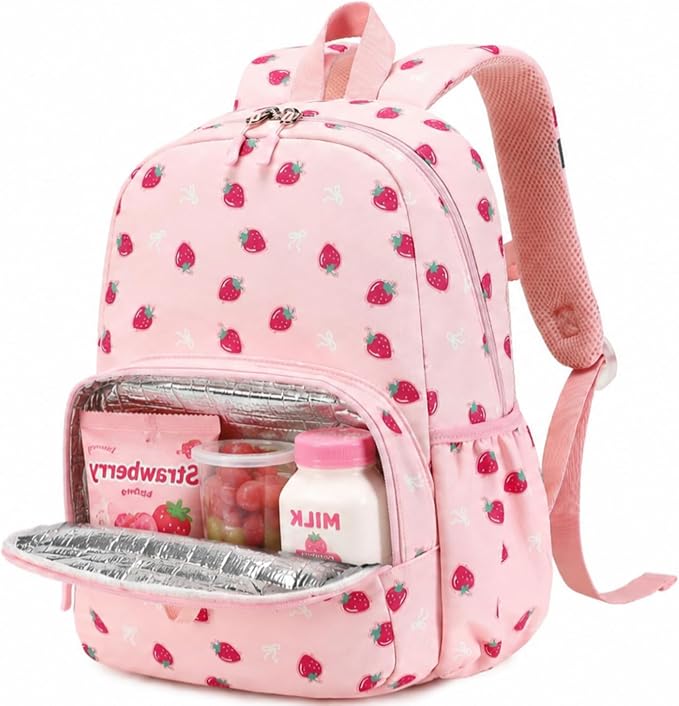 BTOOP Kids Backpack, Girls Backpack 4-6-Preschool Kindergarten School Bookbag with Insulated Lunch Compartment & Chest Strap, Pink-Strawberry Backpacks