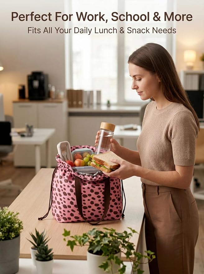 Reusable Small Lunch Bag,Drawstring Lunch Bag,Insulated Handbag Tote bag with Handle (Pink Leopard Print)