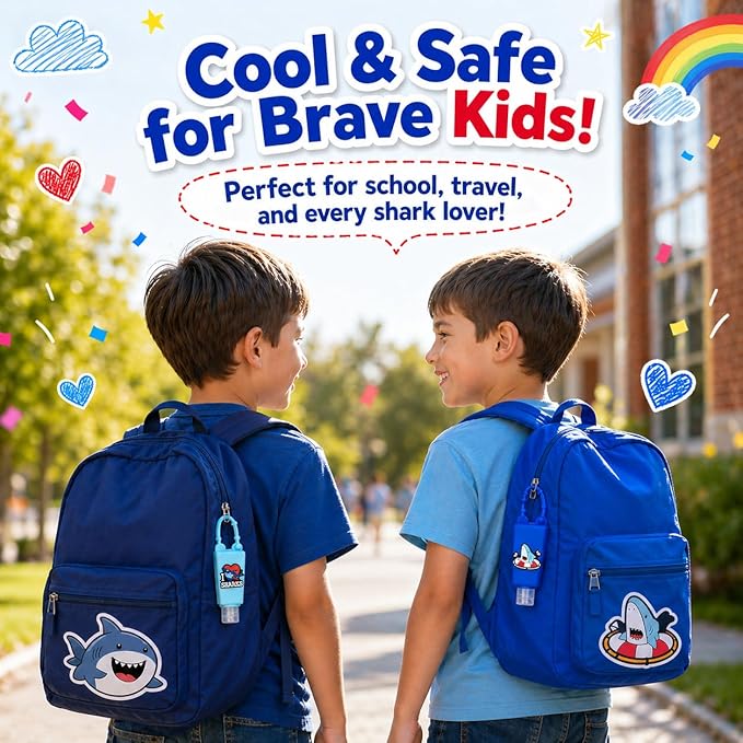 5-Pack Kids Cartoon Hand Sanitizer Holder (No Sanitizer Included), 30ml Refillable Travel Bottles with Silicone Case, Leak-Proof for Lotion & Liquid Soap (Sharky Splash)