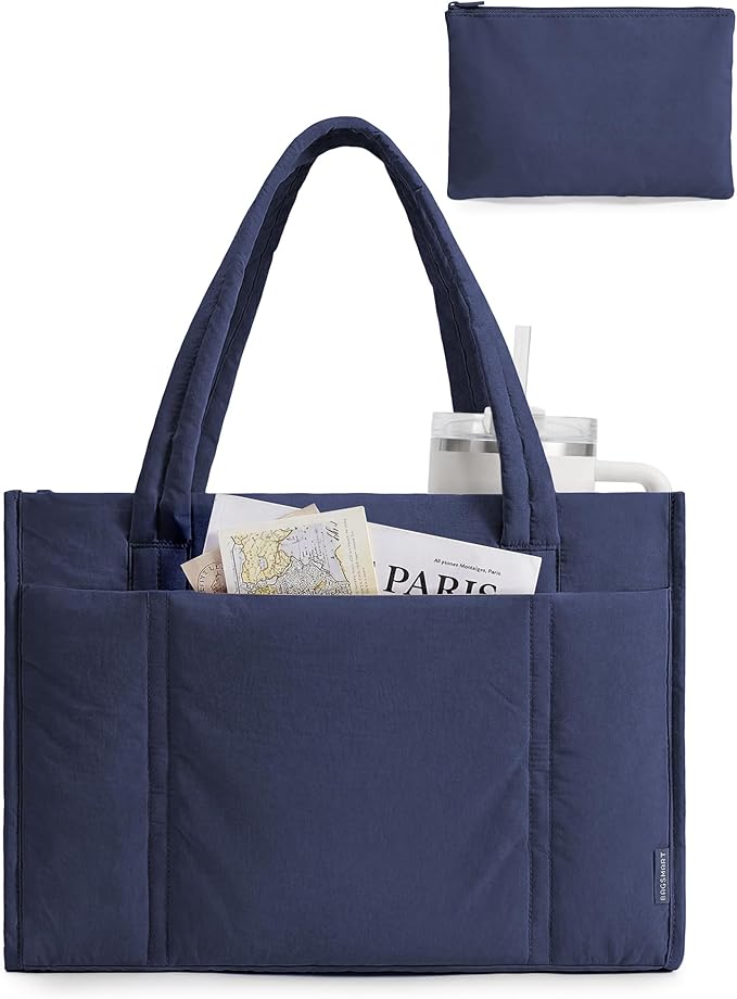 BAGSMART Tote Bag for Women, 2Pc Puffer Tote Bag with Zipper, Quilted Work Tote Teacher Bag Shoulder Handbag | Beach Tote