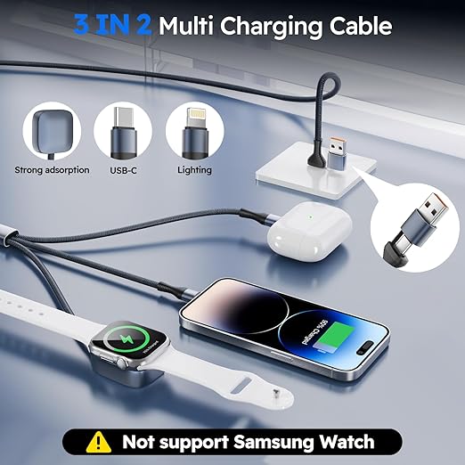 Cruise Essentials 2026, 3 in 2 Multi Charging Cable for iPhone Watch Charger/iPhone 17/IP, iWatch Charger, Travel Camping Essentials Compatible with iWatch 11-2/Ultra/iPhone 17-8,Car (2Pack,5FT)