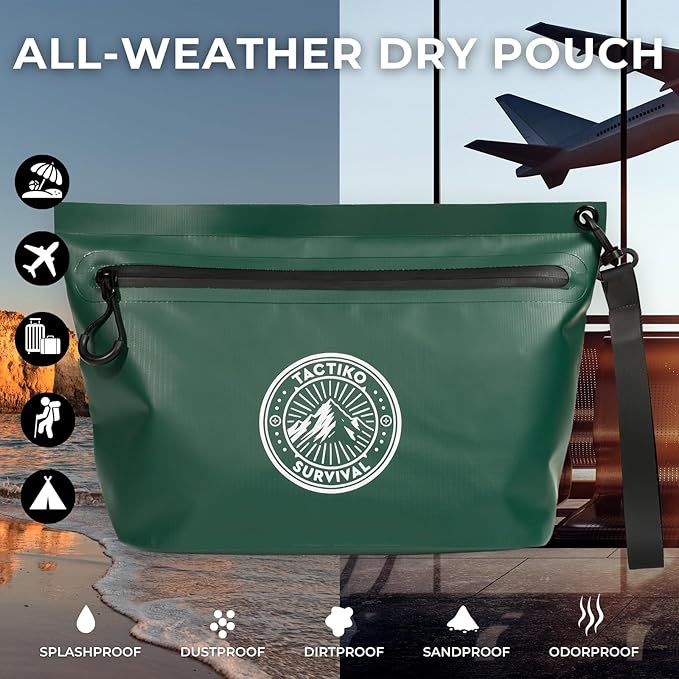 Tactiko 3L Water Resistant Pouch - Waterproof Material with Splashproof Zipper - Cosmetic Case for Storage, Toiletries, Travel, Beach, Cruise, Home (Green)