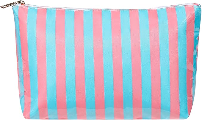 Large PVC Waterproof Striped Makeup Bag,Clear Coated Cosmetic Bags,Easy to Clean,Travel Organizer Zipper Pouch Beach Vacation Essentials for Women Girls(12Pink Blue)