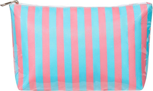 Large PVC Waterproof Striped Makeup Bag,Clear Coated Cosmetic Bags,Easy to Clean,Travel Organizer Zipper Pouch Beach Vacation Essentials for Women Girls(12Pink Blue)