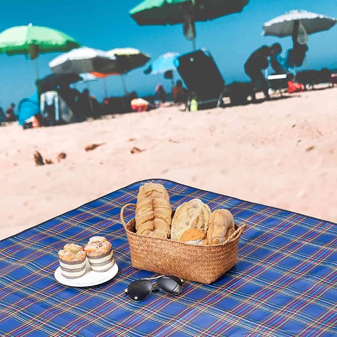 Beach Picnic Blanket, Sandproof Waterproof Camping Blankets Large, Outdoor Sandfree Foldable Mat 55x40in, Oversized Packable Family Mats for Hiking, Camping, Park, Travel, Grass Concert-Blue