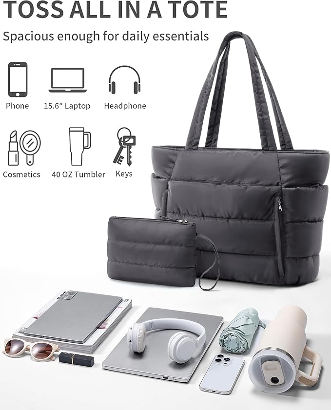 Bagstellar Puffer Tote Bag for Women, Lightweight Puffy Work Handbag Teacher Nurse Quilted Shoulder Bag for School Travel Gym | Cloud Bag w/ Zipper