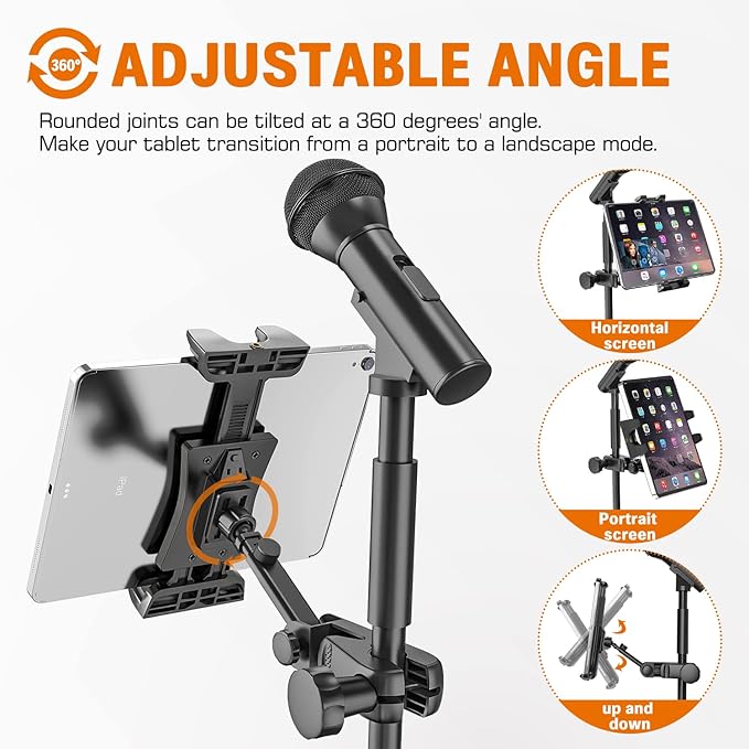 Tablet Holder for Microphone Stand, Mic Music Stand Tablet Holder for iPad, 360° Adjustable Clip-on Phone Mount for Shee Music Stand, Fits Devices from Screen Size 4.7 to 12.9”