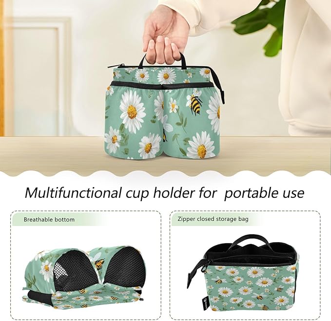Luggage Cup Holder for Suitcases Free Hands Suitcase Cup Holder Travel Luggage Drink Holder Portable Luggage Cup Caddy Bag Carrier with Handle Mint Green Daisy Flowers and Bees