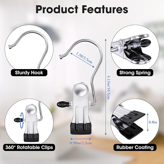 60 Pack Boot Hangers Clips for Closet, Laundry Hooks Hanging Clips Pants Hangers with Clips Legging Organizer Clothes Pins Hanger Clips for Closet Organizer Towel Socks Hats Jeans Home Travel Silver