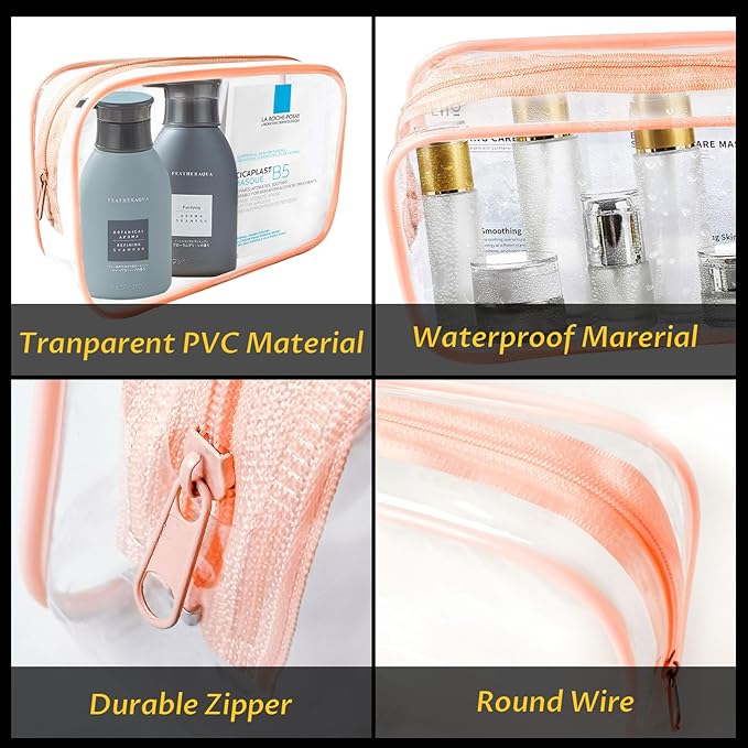 16 Pieces Clear Makeup Bags Bulk, TSA Approved Toiletry Bag for Travel, PVC Waterproof Travel Pouches Clear Pouch with Zipper for Men and Women Carry-on Travel Essentials Cosmetic Bags (Orange)