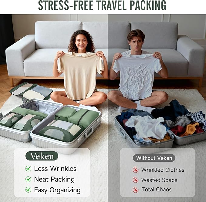 Veken 8 Set Packing Cubes for Travel Essentials,Anti-Wrinkle Buckled Suitcase Organizer for Shoe & Toiletry Bag,Carry On Luggage Bag for Airplane & College Dorm Room Accessories,Women Men Gifts