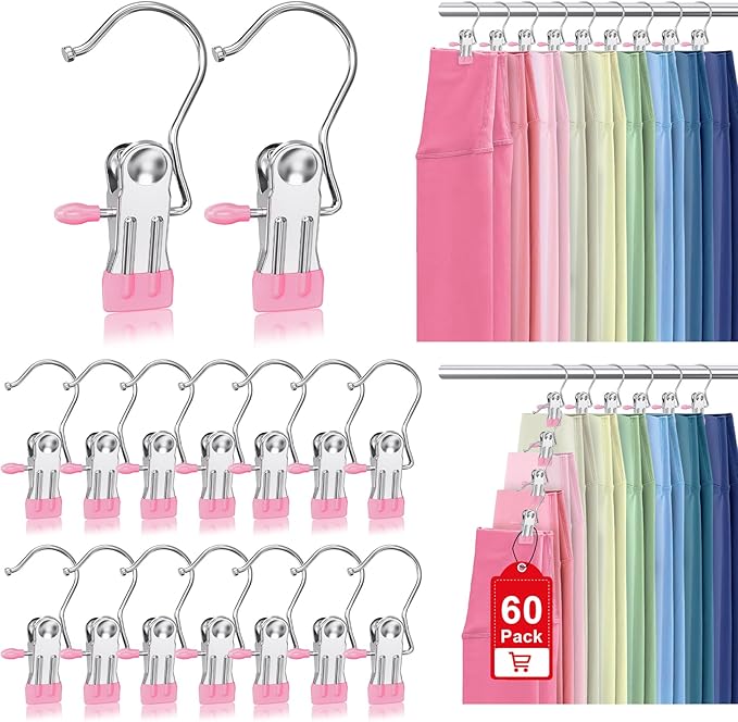 60 Pack Boot Hangers Clips for Closet, Laundry Hooks Hanging Clips Pants Hangers with Clips Legging Organizer Clothes Pins Hanger Clips for Closet Organizer Towel Socks Hats Jeans Home Travel Pink