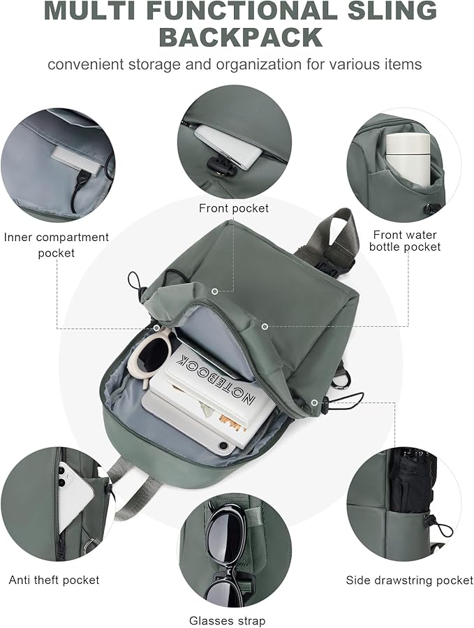 SEAFEW Small Green Sling Crossbody Backpack Shoulder Bag for Men Women - Mini One Strap Sling Bag Fanny Pack Daypack, Waterproof Nylon Chest Bag for Motorcycle Hiking Travel Gym Sport