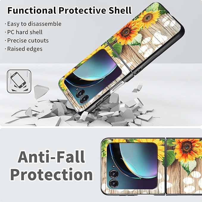 for Motorola Moto Razr 2024 Case,Moto Razr 50 Phone Case Cute Slim Hard PC Ultra-Thin Anti-Scratches Shockproof Protective Cover,Sunflower Wood Paw