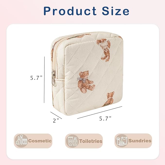 RSRSLEII Small Quilted Cosmetic Pouch for Purse, Mini Cotton Makeup Bag with Compartments, Cute Zipper Lipstick Holder for Women (01Bear)