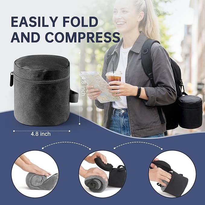 Neck Pillow Travel Pillow - 100% Pure Memory Foam Airplane Pillow with Adjustable Clasp & Removable Cover, Portable Travel Essentials for Long Flights, Car & Office (Light Gray)